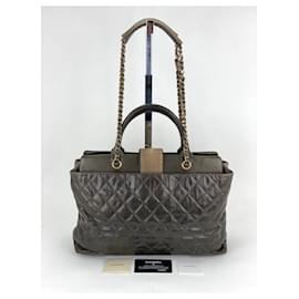 Chanel-CHANEL Glazed Calfskin Large Bindi CC Grey Tote Hand Bag-Grey