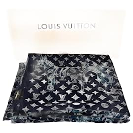 Louis Vuitton-LOUIS VUITTON Cashmere Silk Chapman Brothers Stole Blue Wrap Scarf-Blue