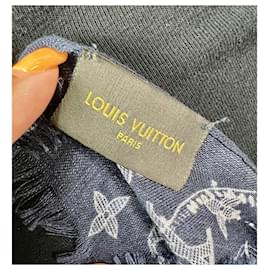 Louis Vuitton-LOUIS VUITTON Cashmere Silk Chapman Brothers Stole Blue Wrap Scarf-Blue