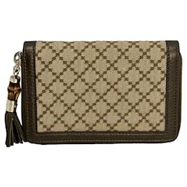 Gucci-Gucci Beige Diamante Bamboo Zip around Compact Wallet  Metallic Brown Tassel-Brown