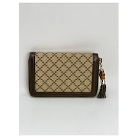 Gucci-Gucci Beige Diamante Bamboo Zip around Compact Wallet  Metallic Brown Tassel-Brown