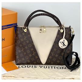 Louis Vuitton-Louis Vuitton Monogram Braided V Tote MM White Leather Shoulder Hand Bag-Brown