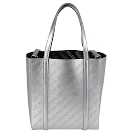 Balenciaga-Balenciaga New Silver Calfskin Logo Perforated XXS Everyday Tote-Metallic
