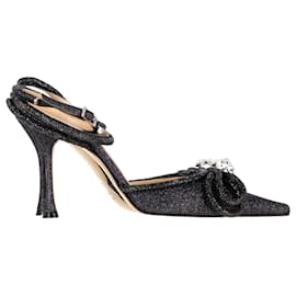 Mach & Mach-Mach & Mach Double Bow Glittered Pumps in Black Leather-Black