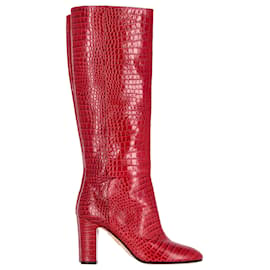 Aquazzura-Aquazzura High-Heel Knee Boots in Red Croc-Embossed Leather-Red