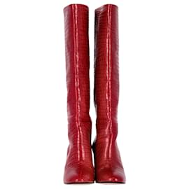 Aquazzura-Aquazzura High-Heel Knee Boots in Red Croc-Embossed Leather-Red