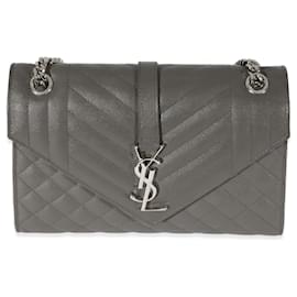 Saint Laurent-Saint Laurent Grey Grain De Poudre Medium Envelope In Mix Flap Bag-Grey