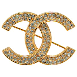 Chanel-Chanel Gold Gold Plated CC Rhinestones Brooch-Golden