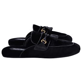 Tom Ford Stephan Quastenpantoffeln aus schwarzem Samt mit Lederbesatz Schwarz