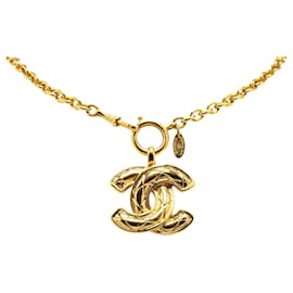 Chanel-Gold Chanel Gold Plated CC Quilted Pendant Necklace-Golden