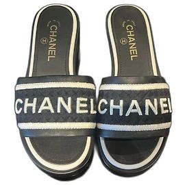 Chanel Lambskin Embroidered CC Mule Sandal 37 Black White Black