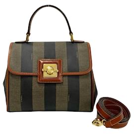 Fendi-Sac à main Fendi Pequin en toile en bon état-Marron