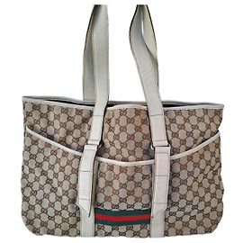 Bolsa Tote Gucci Marrom em Lona e Couro Marrom