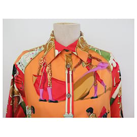 Hermès-HERMES SHIRT SQUARE SCARF PLAZA DE TOROS 40 M SILK SHIRT SKIRT-Orange