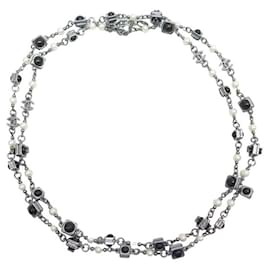 Chanel-COLLIER CHANEL SAUTOIR PERLES NOIRES ET BLANCHES LOGO CC 120 CM NECKLACE-Argenté