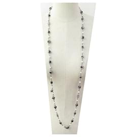 Chanel-CHANEL NECKLACE LONG STRAND BLACK AND WHITE PEARLS CC LOGO 120 CM-Silvery