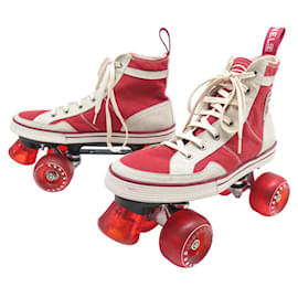 Chanel-VINTAGE RARE PATINS A ROULETTES CHANEL LOGO CC 39 TOILE ROUGE RED ROLLER SKATES-Rouge