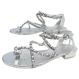 Chanel-NINE CHANEL SPARTAN CHAINS G34485 SANDALS 38 IN LEATHER SHOES-Silvery