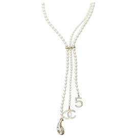 Chanel-NINE CHANEL NECKLACE PEARL SAUTOIR CC LOGO DROP NUMBER 5 METAL NECKLACE-Golden