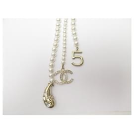 Chanel-NINE CHANEL NECKLACE PEARL SAUTOIR CC LOGO DROP NUMBER 5 METAL NECKLACE-Golden