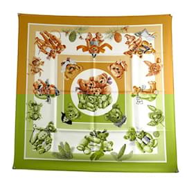 Hermès-RARE FOULARD HERMES CONFIDENTS DES COEURS OURSONS DUBIGEON SOIE CARRE SCARF-Camel