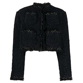 Sacai-Sacai Navy Blue / Black Cropped Boucle Tweed Jacket-Navy blue