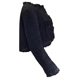Sacai-Sacai Navy Blue / Black Cropped Boucle Tweed Jacket-Navy blue