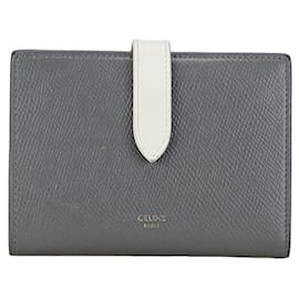 Céline-Celine Medium Strap Leather Wallet Gray White in Very Good Condition-Grey