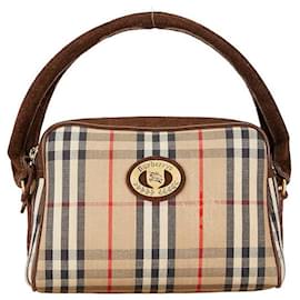 Burberry-Burberry Nova Check Shadow Horse Canvas Suede Handbag in Very Good Condition-Brown