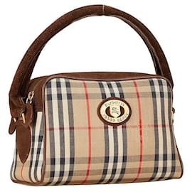 Burberry-Burberry Nova Check Shadow Horse Canvas Suede Handbag in Very Good Condition-Brown