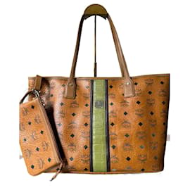 MCM Visetos Medium Drawstring Shopper Cognac Leather Bronze
