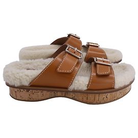 Chloé Sandali Chloe Marah in pelle marrone e bianca e shearling Marrone