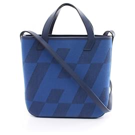 Hermès-Sac à épaule Hermes Cabas H en Biais Swift en toile en très bon état-Bleu