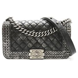 Chanel-Chanel Boy Chanel Chain Shoulder Bag Leather Shoulder Bag A92408 in Fair condition-Black