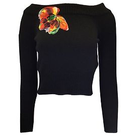 Suéter de lã e cashmere preto bordado com flores Alexander McQueen Preto