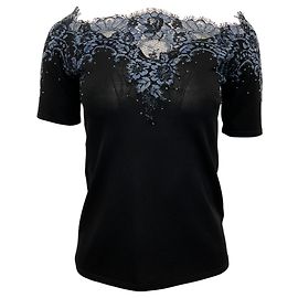 Top in maglia nera in seta a maniche corte Carolina Herrera con pizzo blu Nero