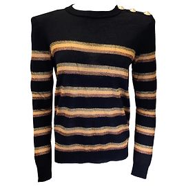 Langärmliger Wollstrickpullover in Schwarz / Gold Metallic mit Streifen von Balmain Schwarz