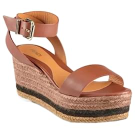 Fendi-Fendi Brown Leather Ankle Strap Espadrille Wedge Sandals-Brown,Camel