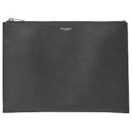 Saint Laurent-Saint Laurent Letters Large Zip Clutch in Black Leather-Black