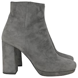 Prada-Prada Block Heel Ankle Boots in Grey Suede-Grey