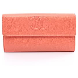 Chanel-Carteira longa de couro caviar Chanel CC 18524612 em muito bom estado-Laranja