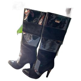 Bottes à talons Versace noir en daim et cuir 36.5 Noir