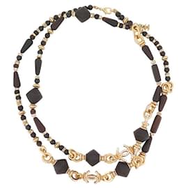 Chanel-NINE CHANEL NECKLACE SAUTOIR CC LOGO & WOODEN BEADS 110-115 GOLD METAL NECKLACE-Golden