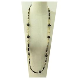 Chanel-NINE CHANEL NECKLACE SAUTOIR CC LOGO & WOODEN BEADS 110-115 GOLD METAL NECKLACE-Golden