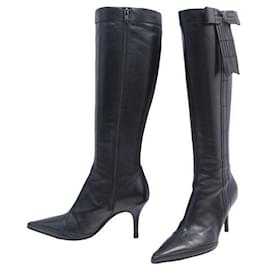 Chanel-CHAUSSURES CHANEL BOTTES NOEUD 36 A TALONS EN CUIR NOIR LEATHER BOOTS-Noir