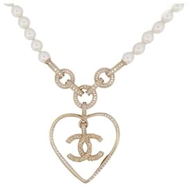 Chanel-NINE CHANEL NECKLACE 2021 PEARLS HEART LOGO CC 45-55 CM GOLD NEW PEARLS NECKLACE-Golden