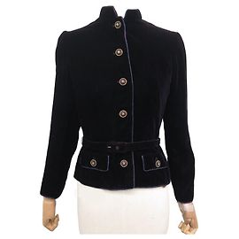 VINTAGE CHANEL HAUTE COUTURE GÜRTELJACKE 40 M SAMT CC LOGO Marineblau