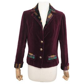 VINTAGE CHANEL HAUTE COUTURE JACKET WITH CHECKED COLLAR AND POCKETS SIZE 40 Dark red