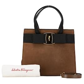 Salvatore Ferragamo-Salvatore Ferragamo Suede Vara Ribbon 2WAY Handbag BA214178 in Good Condition-Brown