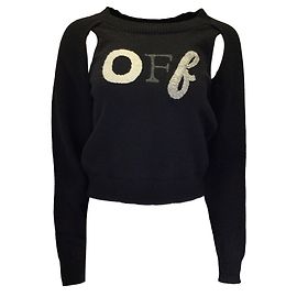 Off White Schwarzer Strickpullover aus Baumwolle mit gestickten Ausschnittdetails von Off-White Schwarz